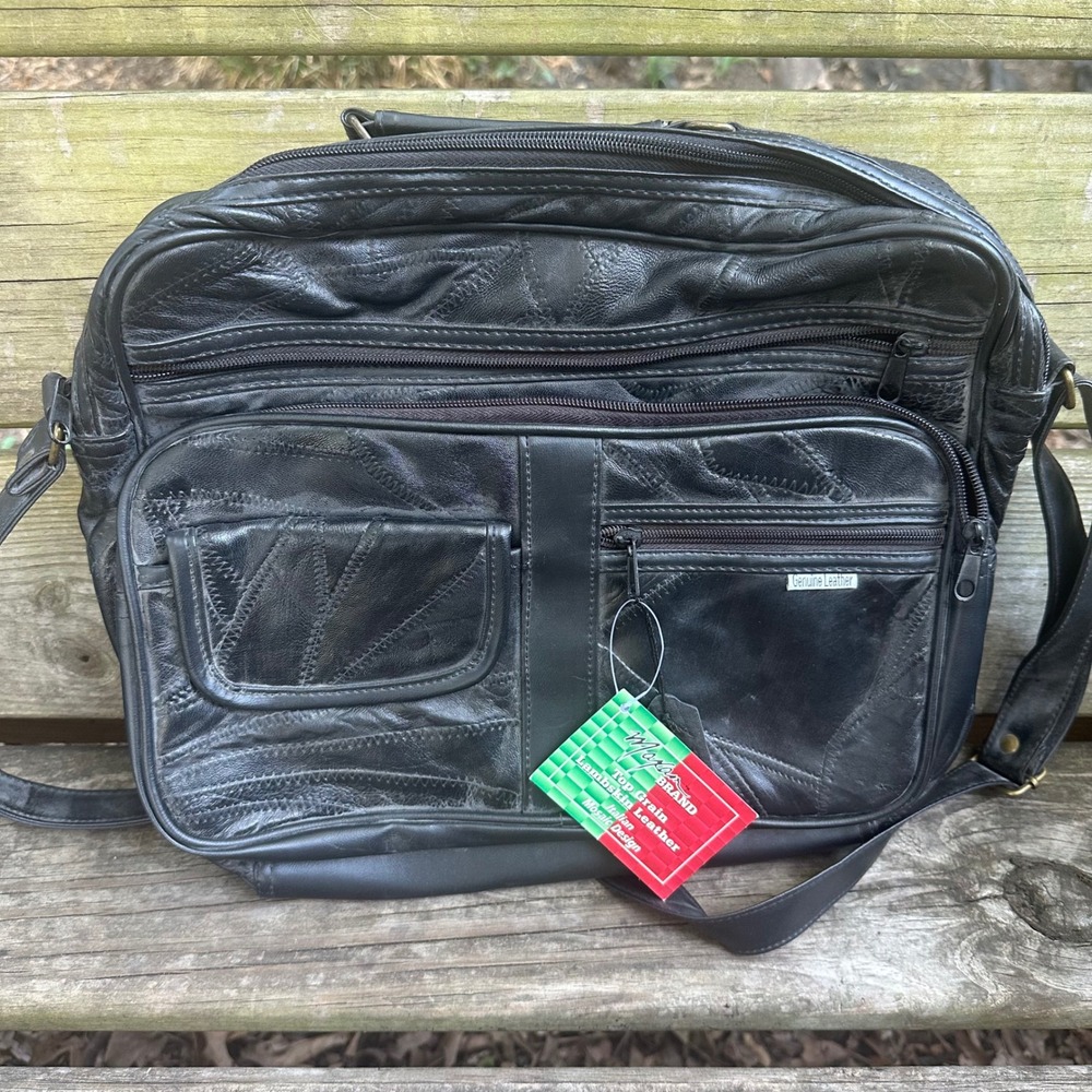 Maxam Black Lambskin Leather Mosaic Messenger Bag Briefcase New With Tags
